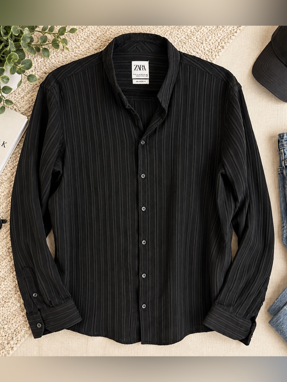 ZARA Black Textured Pleated Stripe Button Front Shirt Relaxed Fit